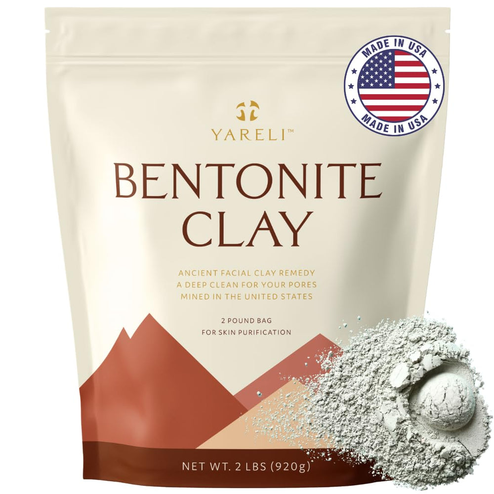 YARELI Bentonite clay powder packaging shows 2lb tub for long-lasting use.