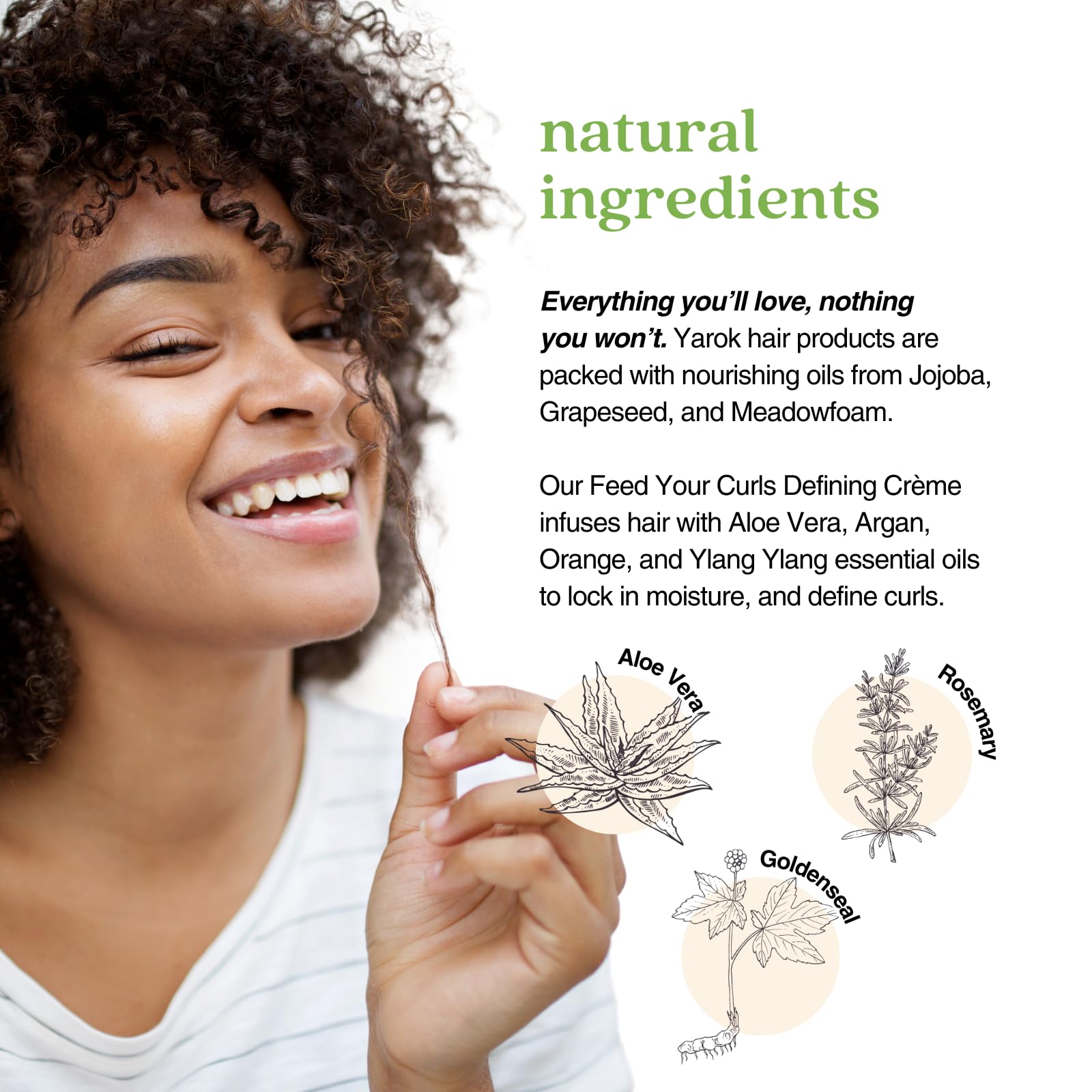 Yarok Organic Styling Cream on hair strand for defined, hydrated curls