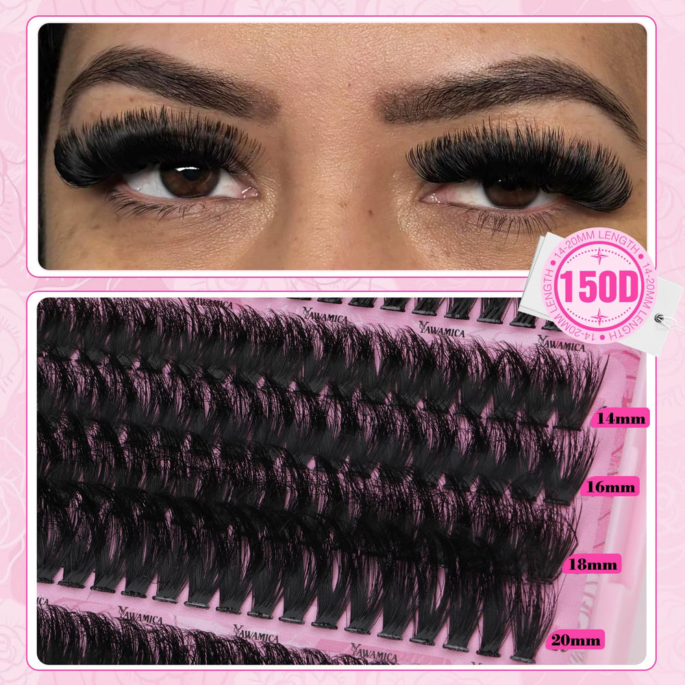 Yawamica 150D mixed-volume cluster lashes 14-20mm for balanced fullness.
