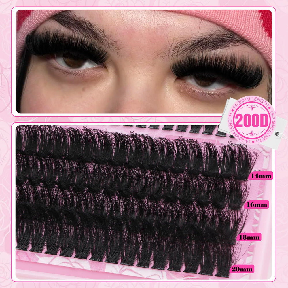 Yawamica 200D cluster lashes 14-20mm for doe-eyed drama with light weight.