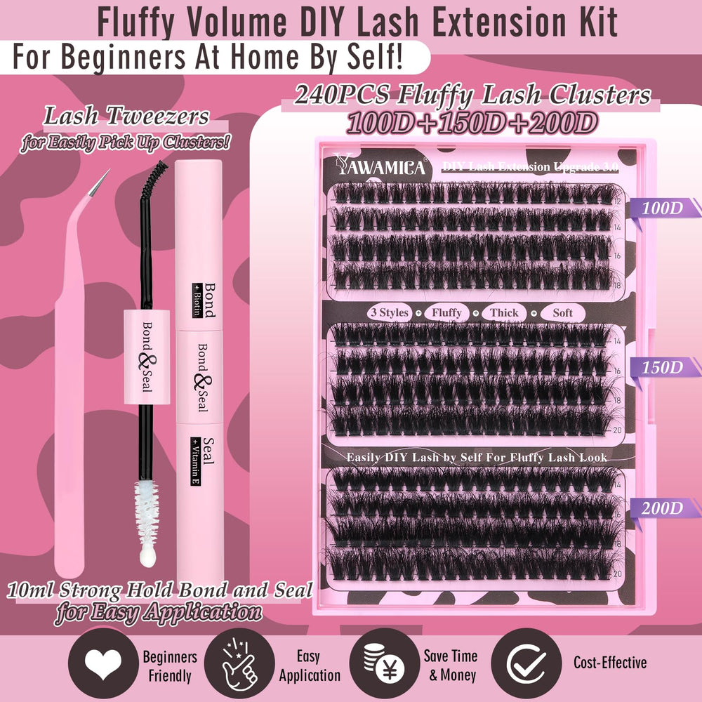 Yawamica 240 cluster lashes with mixed 100D 150D 200D for fullness.