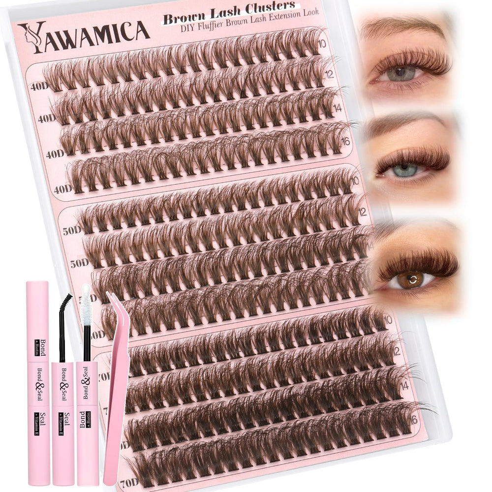 Yawamica brown lash clusters kit pack for easy at-home application
