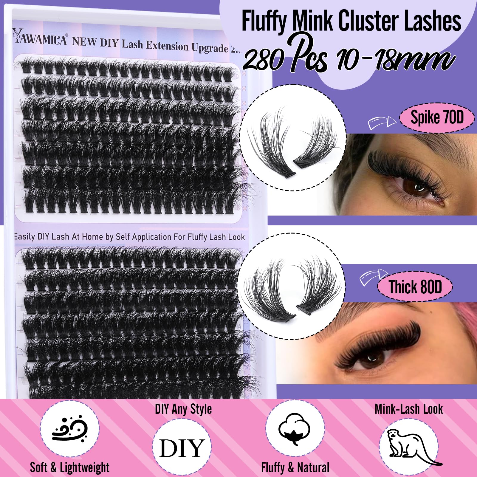 Yawamica cat-eye style lashes to create a dramatic eye lift.