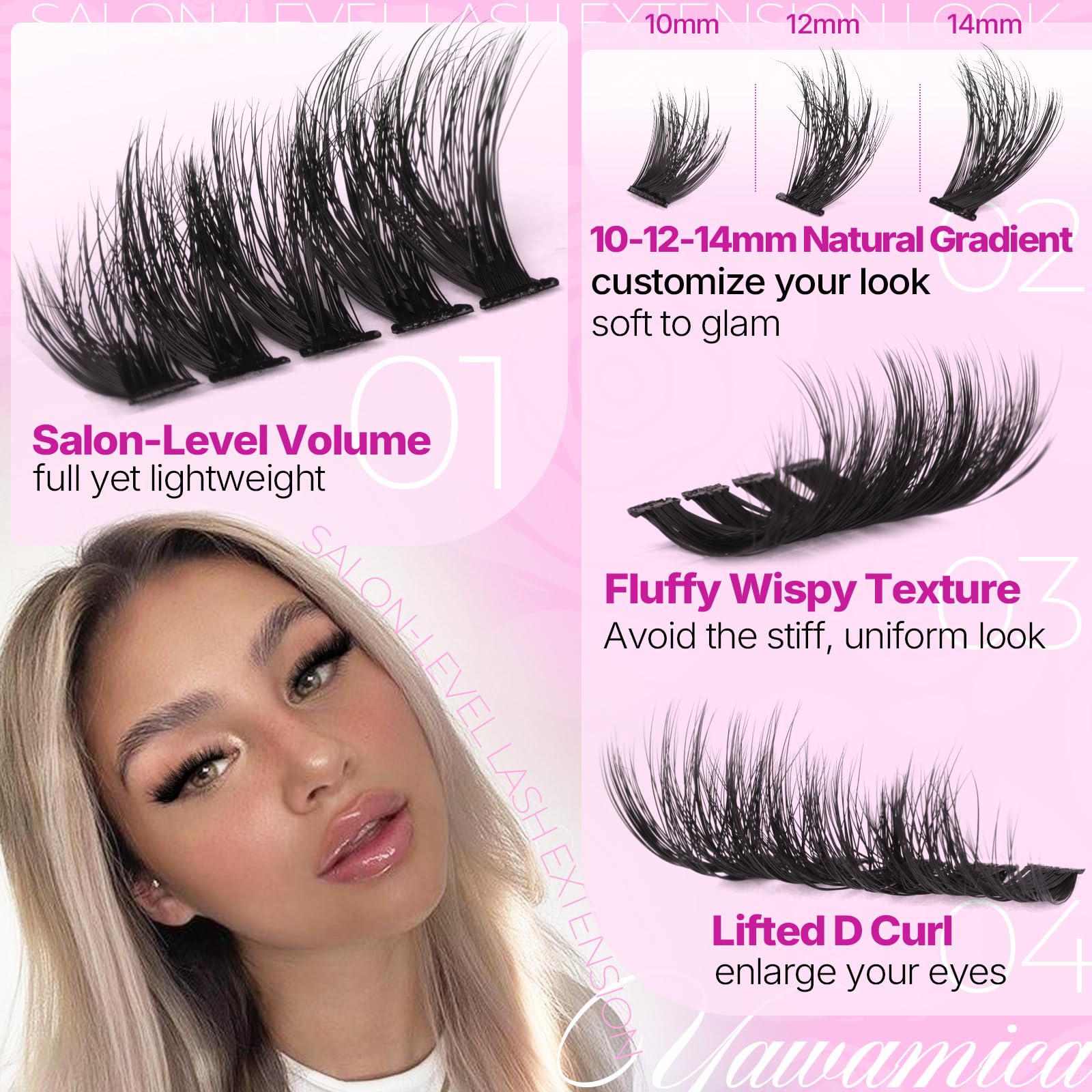 Yawamica lash clusters with D curl lift highlight lifted eyes.