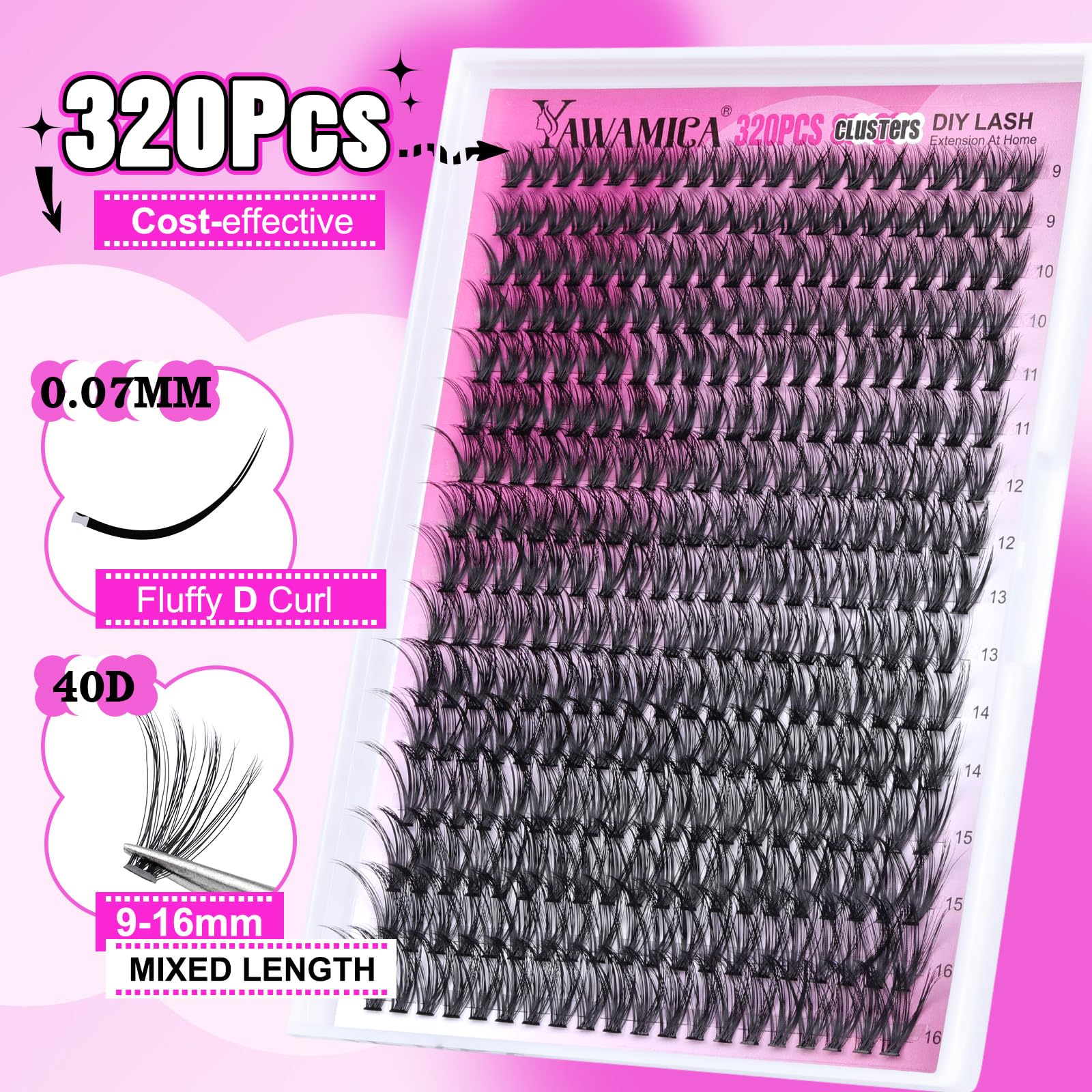Yawamica D-curled lash clusters with 40D for a natural-feeling finish.