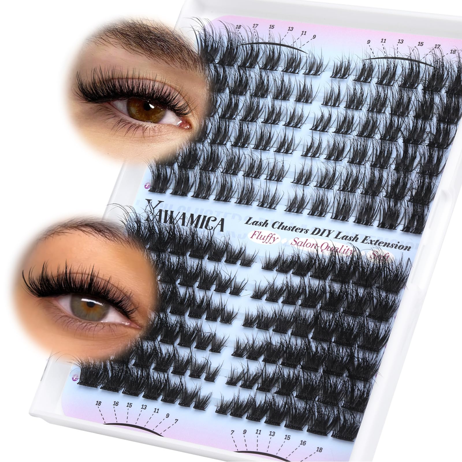 Yawamica D-Curl cat-eye clusters close-up showing lifted lashes for a defined look.
