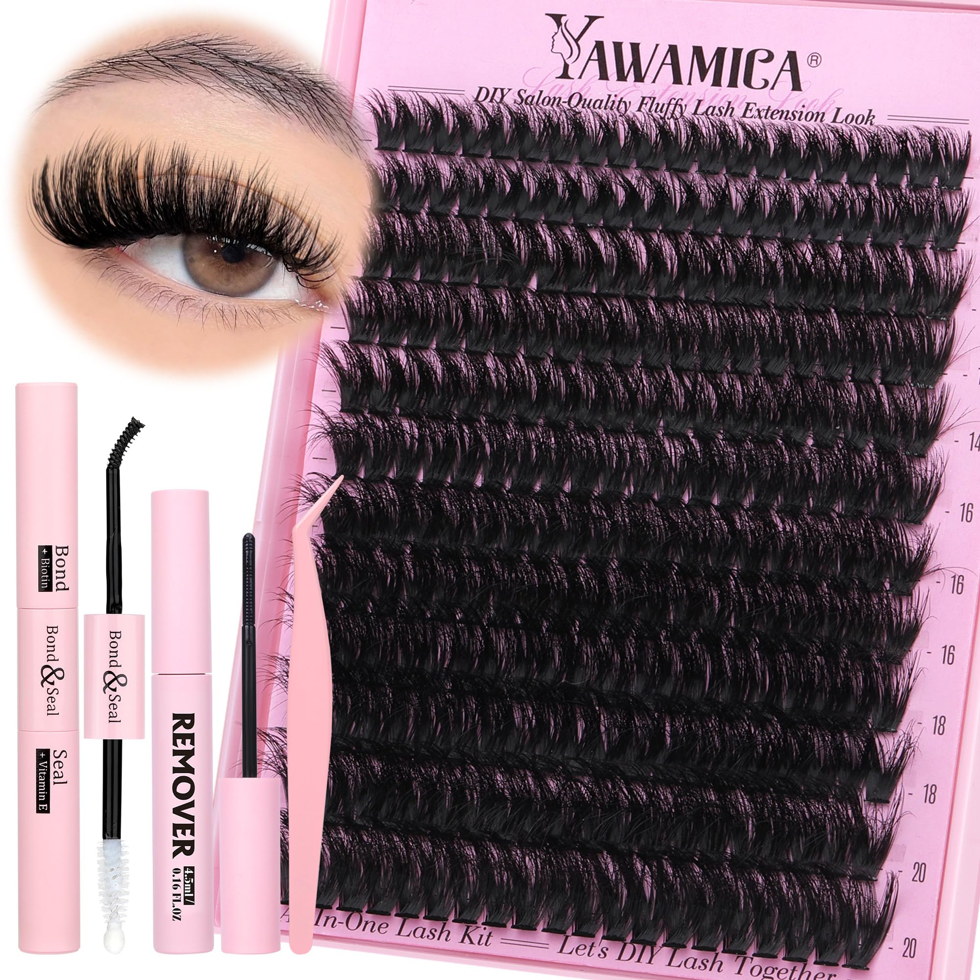 Yawamica Fluffier Lash Clusters Kit contents for DIY salon-quality lashes.
