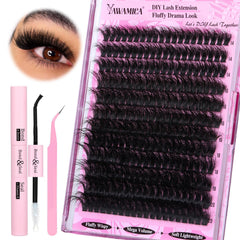 Yawamica Fluffier Lash Extension Kit contents arranged for at-home lash application