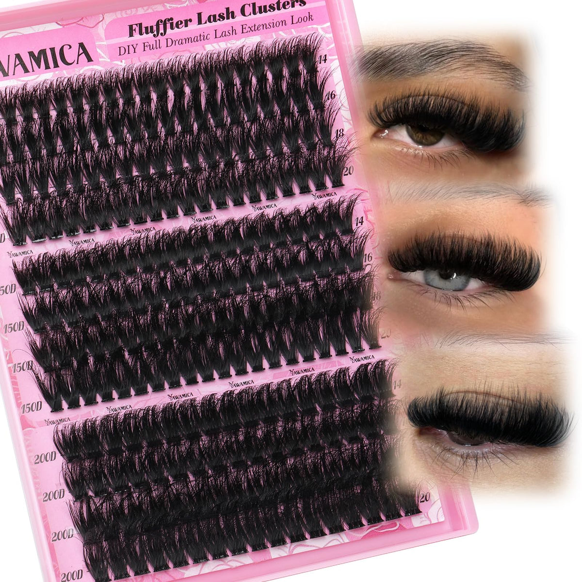 Yawamica fluffy cluster lashes 14-20mm for voluminous yet lightweight definition.