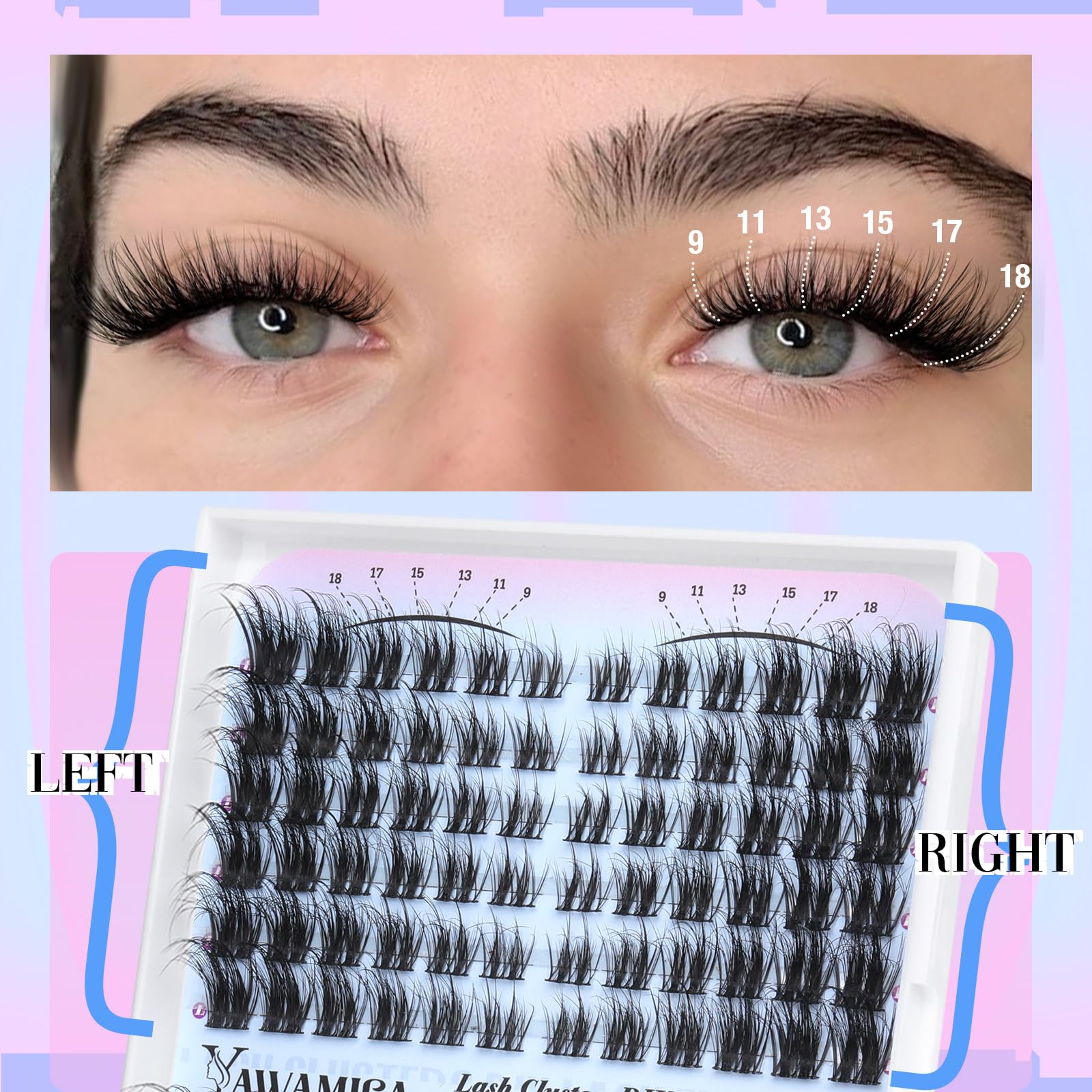 Yawamica handmade salon-quality cluster lashes providing soft, lightweight wear.