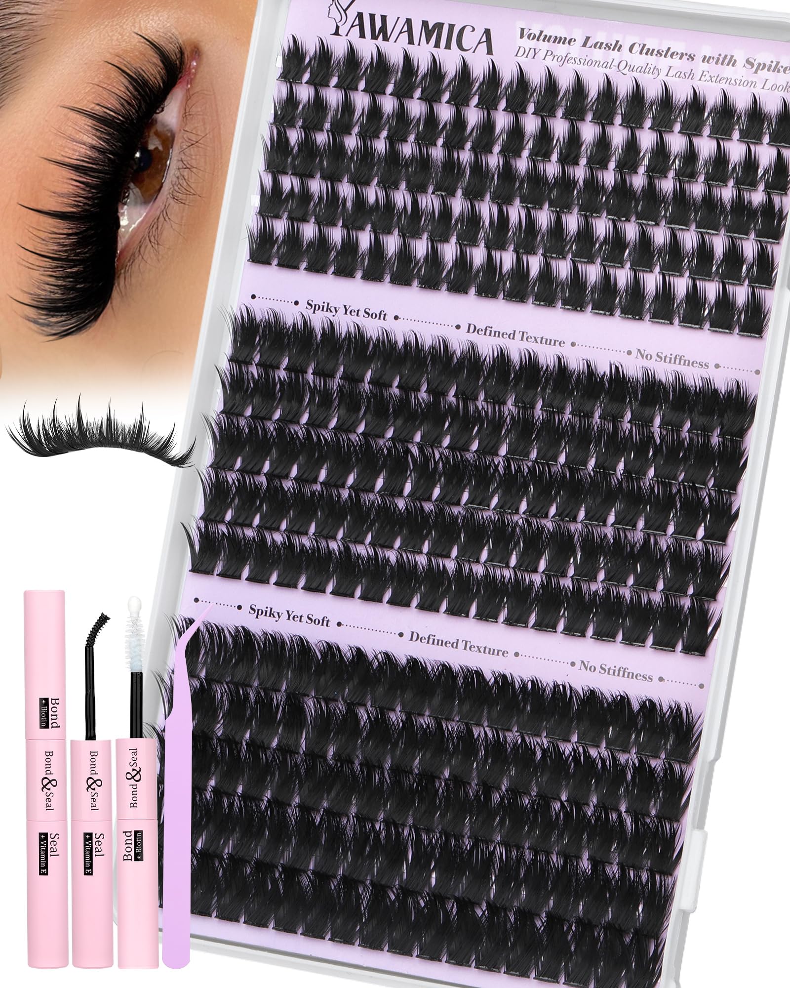 Yawamica Volume Lash Clusters kit in action showing natural lift and definition.
