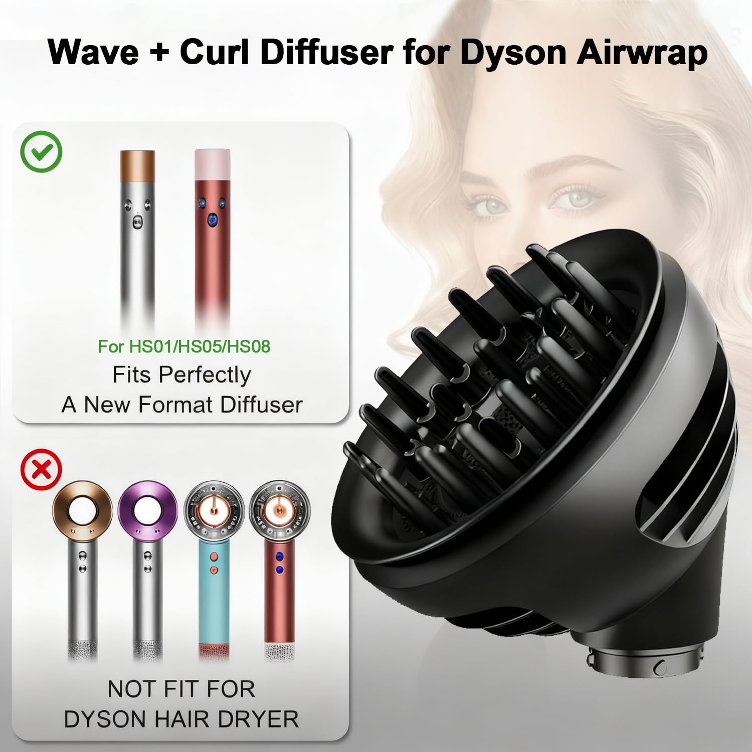 YAYADASA curl-wave diffuser close-up highlighting finger-prongs reducing frizz and enhancing curl.