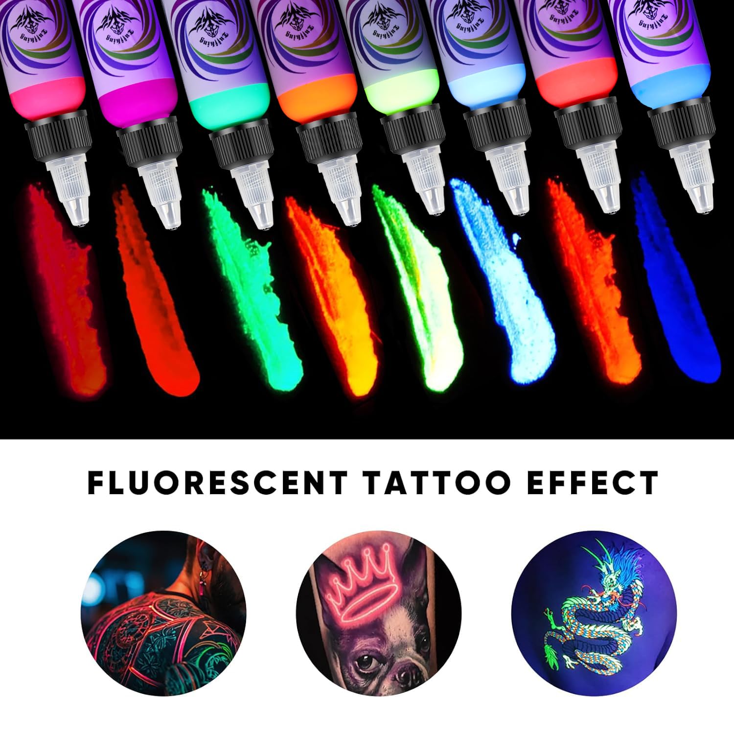 Ybeauty yellow fluorescent tattoo ink for bright highlights under blacklight.