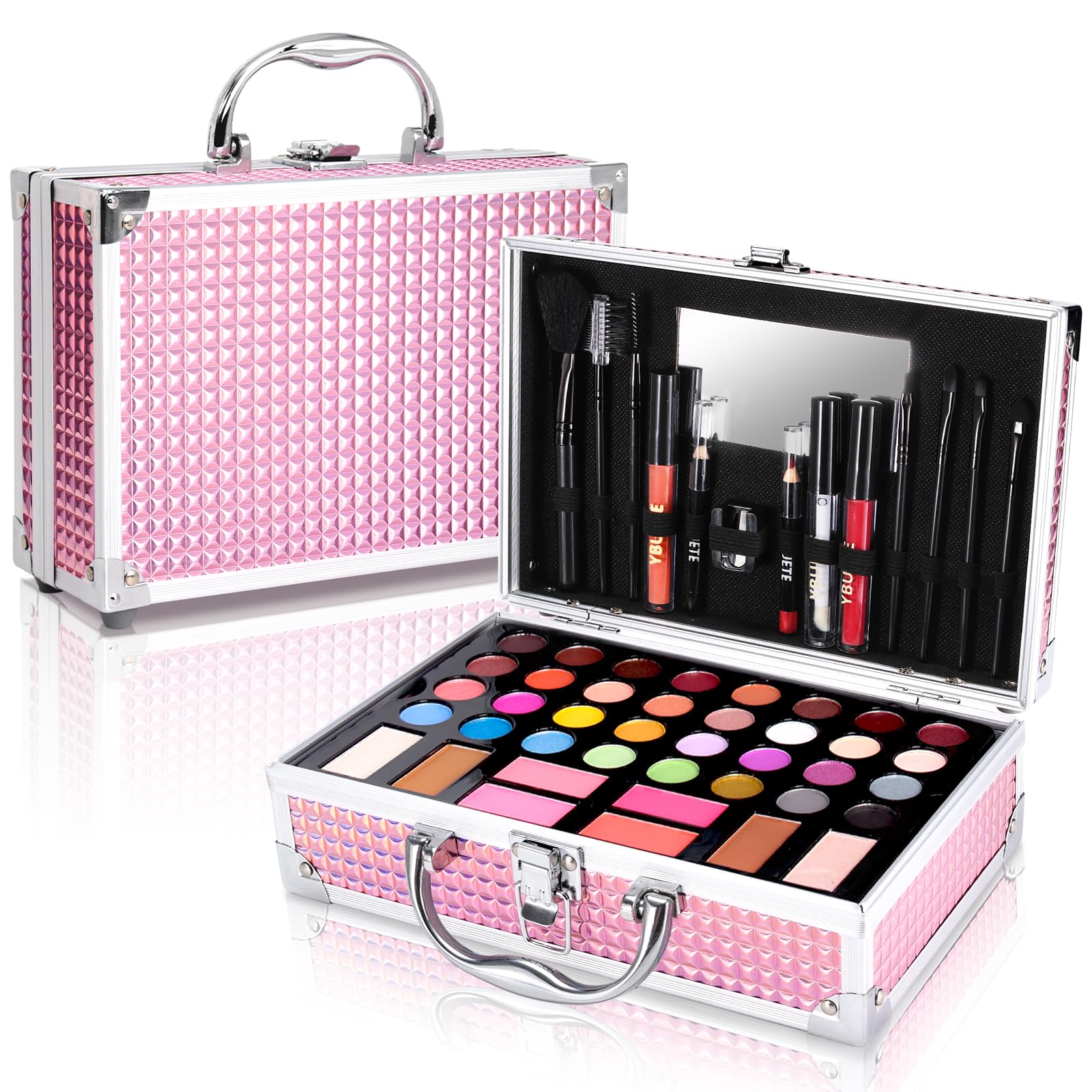 YBUETE beginner makeup kit case open, showing organized travel-ready storage.