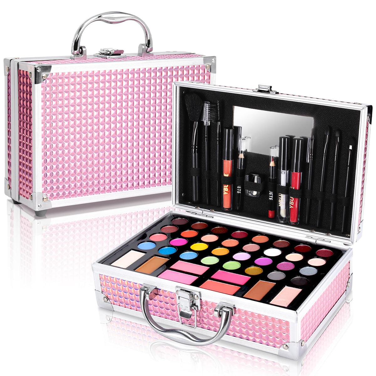 YBUETE beginner makeup kit case open, showing organized travel-ready storage.