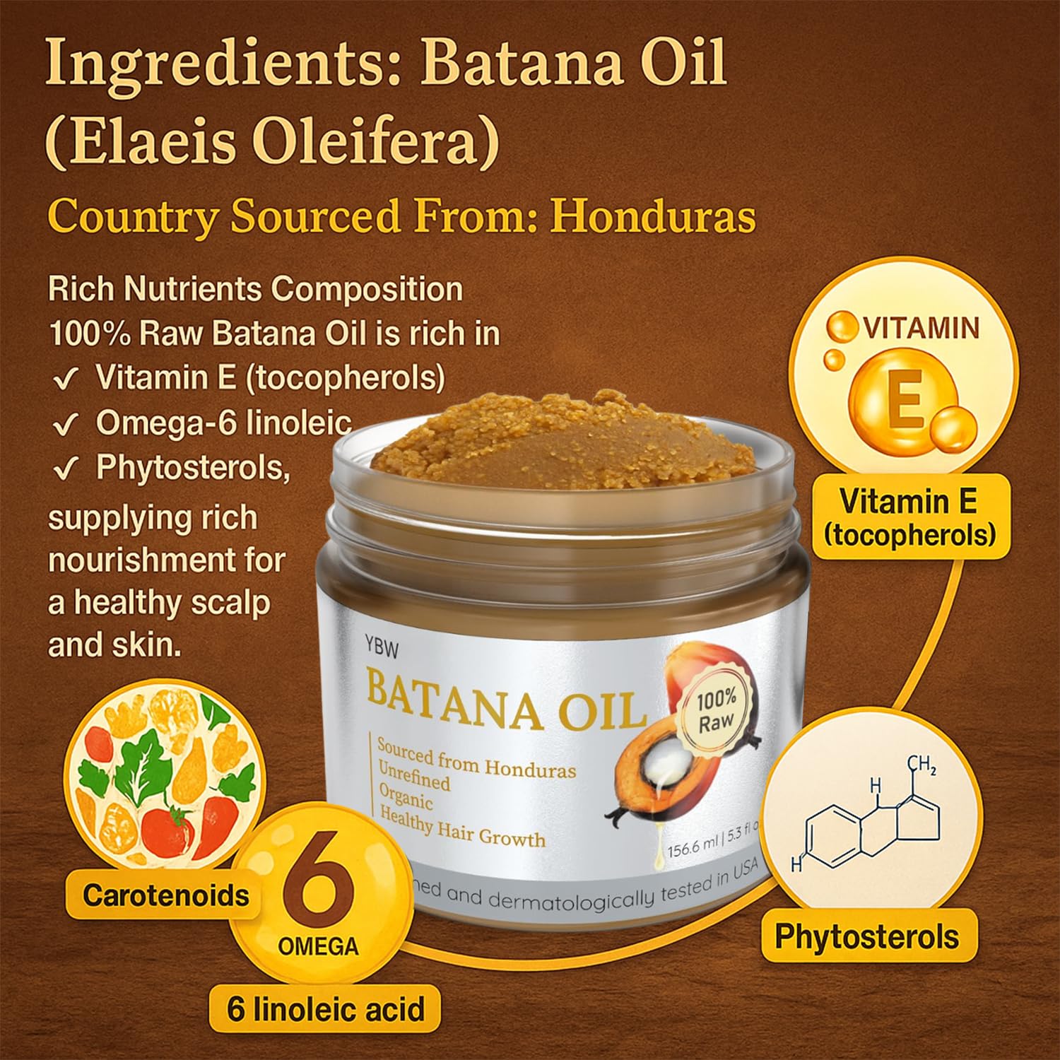 YBW Batana Oil label detail highlights Honduran origin and natural ingredients.