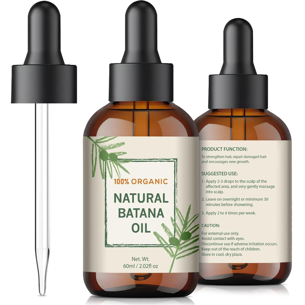 YBW Batana Oil close-up with droplets illustrating pure formula.