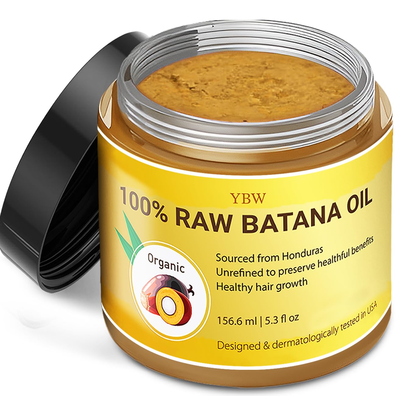 YBW Batana Oil bottle showcasing pure, natural formula for hair nourishment and growth