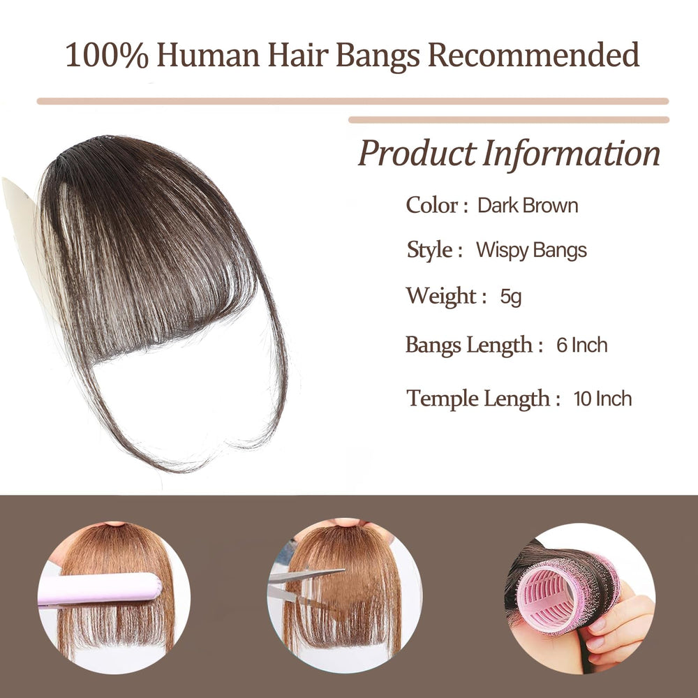 YBYMCAI dark brown clip-on bangs add instant volume.