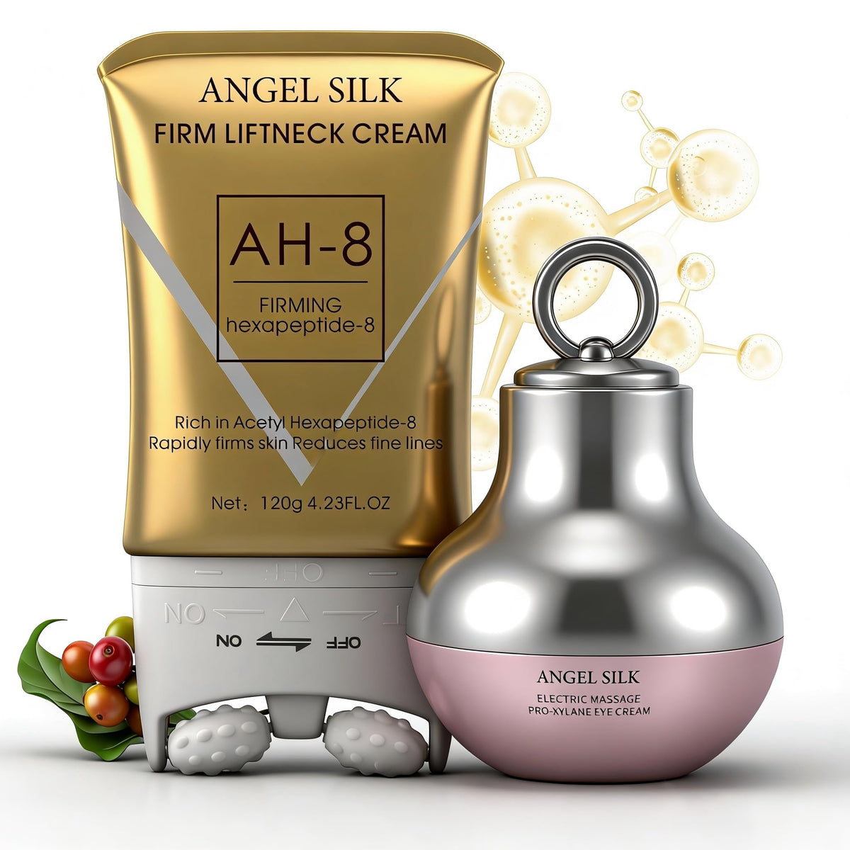 YCQQPRO Angel Silk neck cream bottle close-up showing firming texture