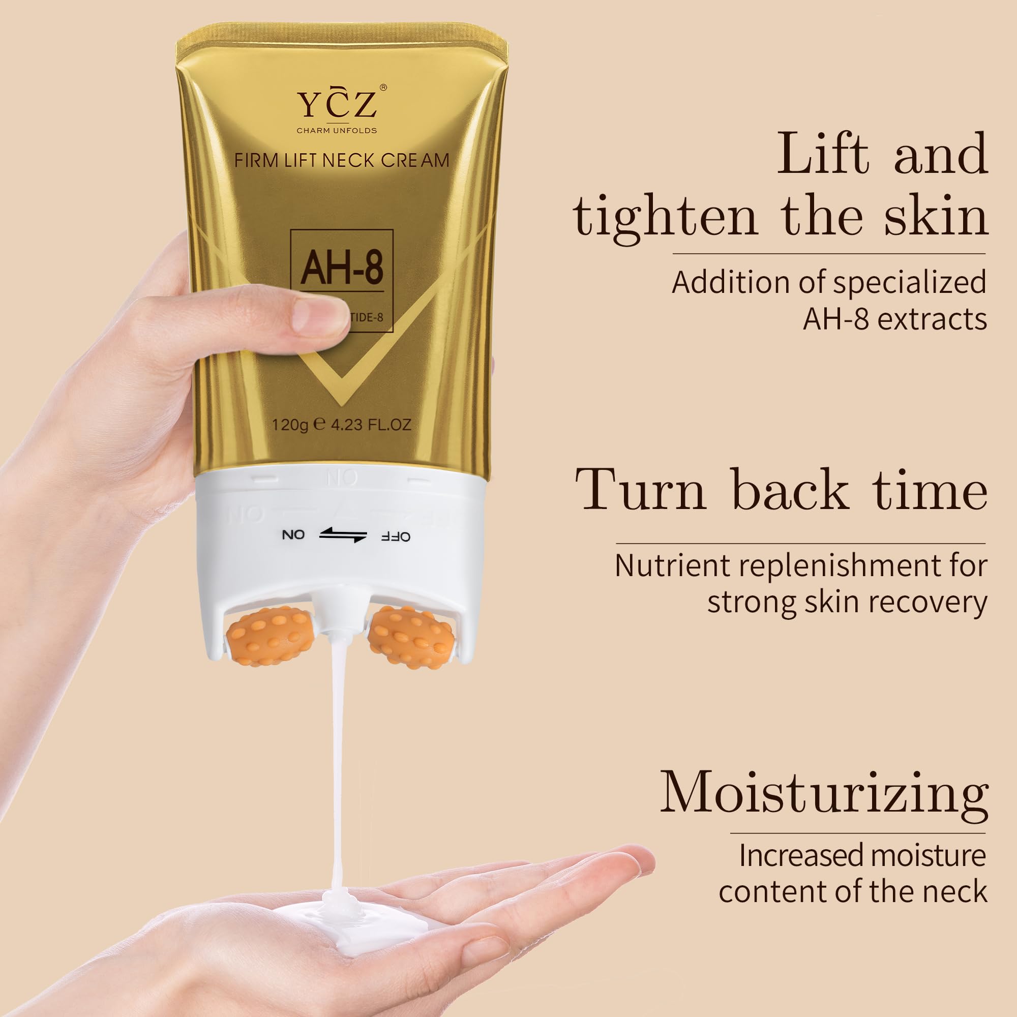 New-in-packaging of Ycz Ah8 Neck Cream signals fresh product.
