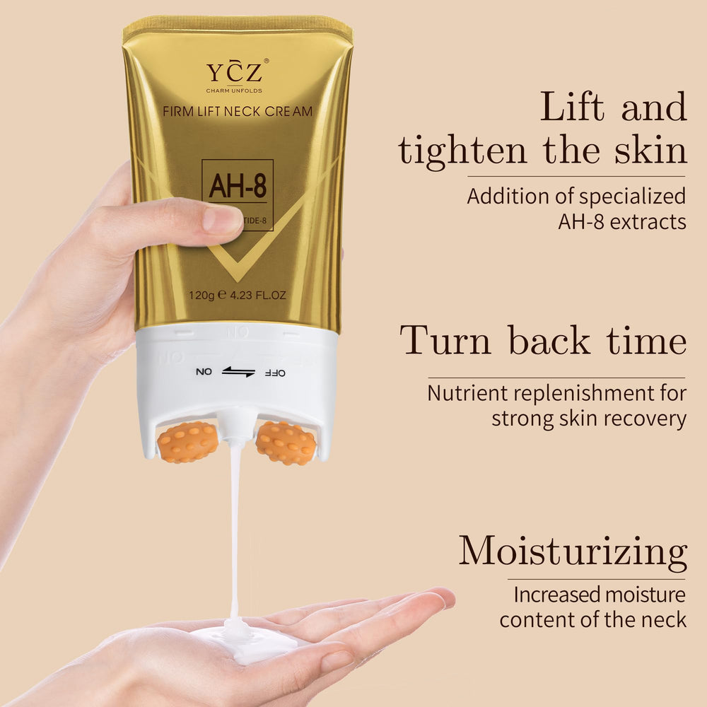 New-in-packaging of Ycz Ah8 Neck Cream signals fresh product.
