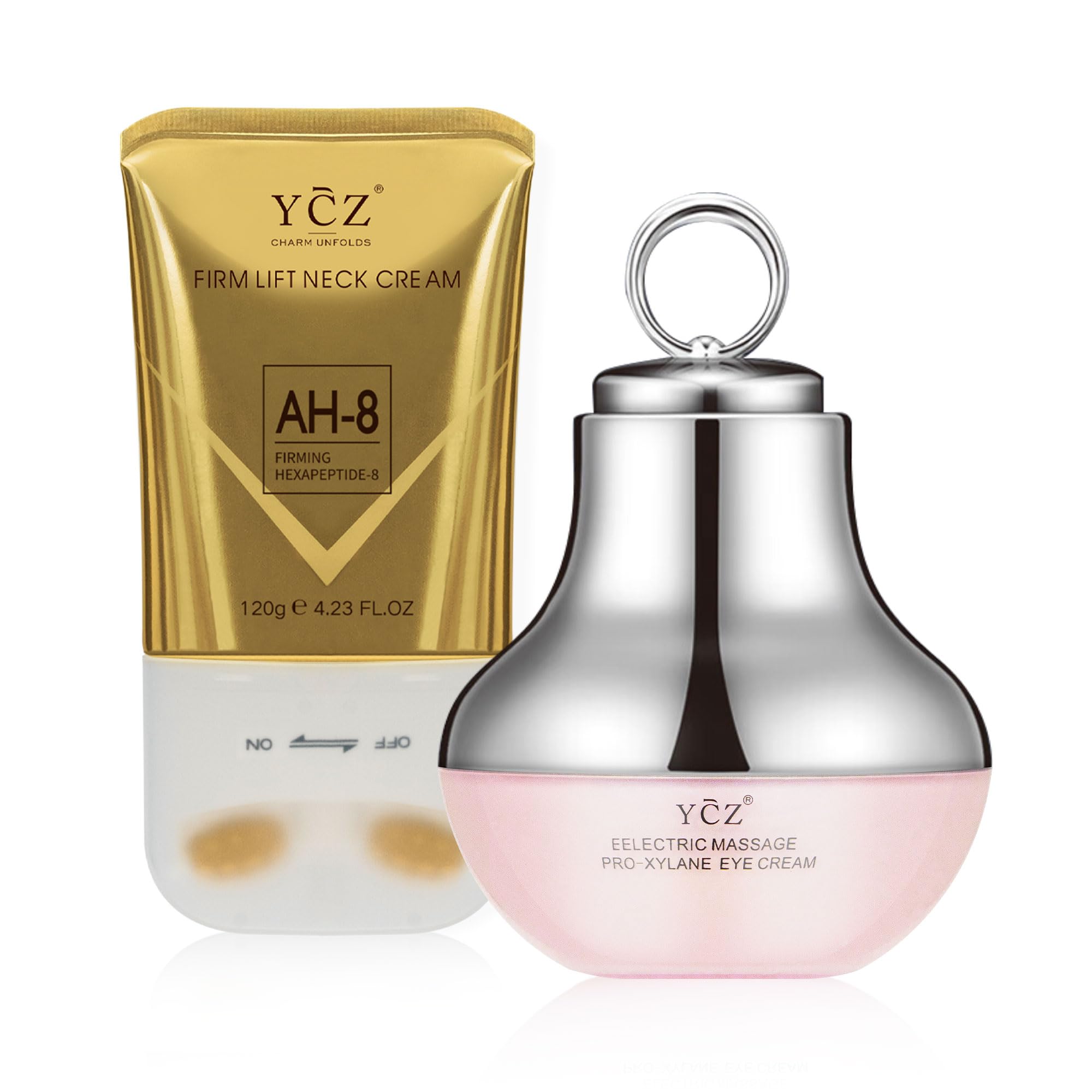 Ycz Neck-Eye Care Tightening bottle close-up showing hydrating daily formula.