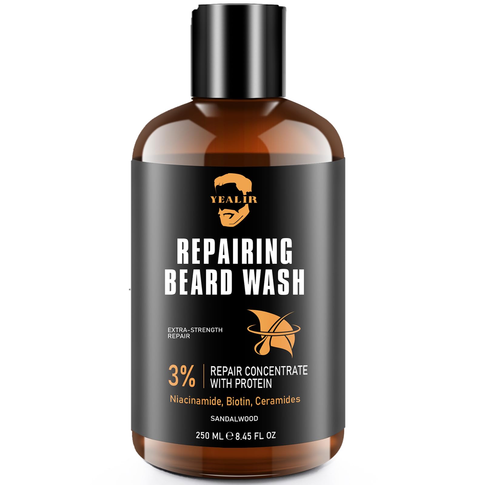 YEALIR Repairing Beard Wash bottle pour illustrating cleansing and repair potential.