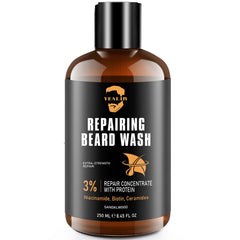 YEALIR Repairing Beard Wash bottle pour illustrating cleansing and repair potential.