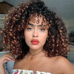 YEAME Curly Wig with bangs and kinky curls in brown mixed color for a natural look.