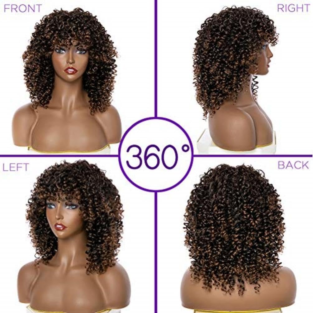YEAME Curly Wig on model shows ombre brown color with bangs