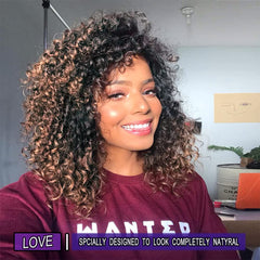 YEAME kinky curly Afro wig front view with bangs for versatile styling options.