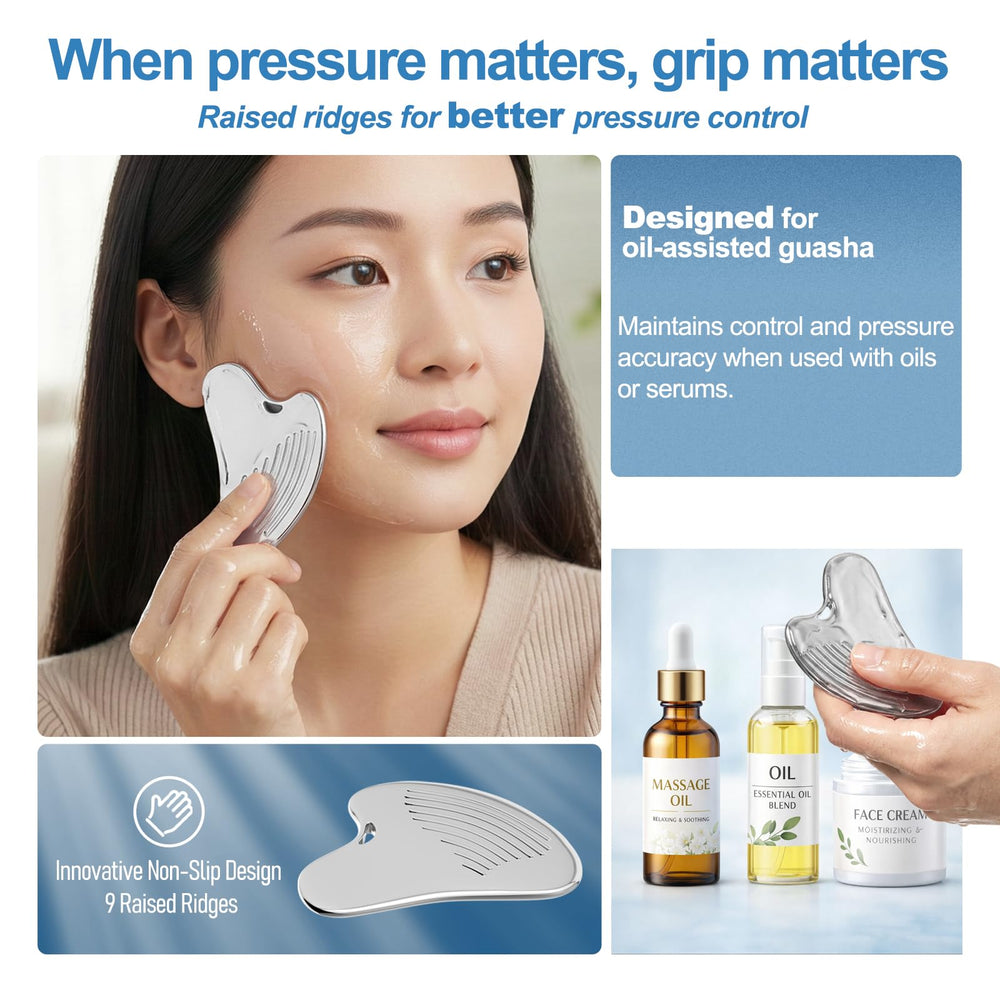Yeamon Gua Sha heart shape gliding smoothly along neck and chin.