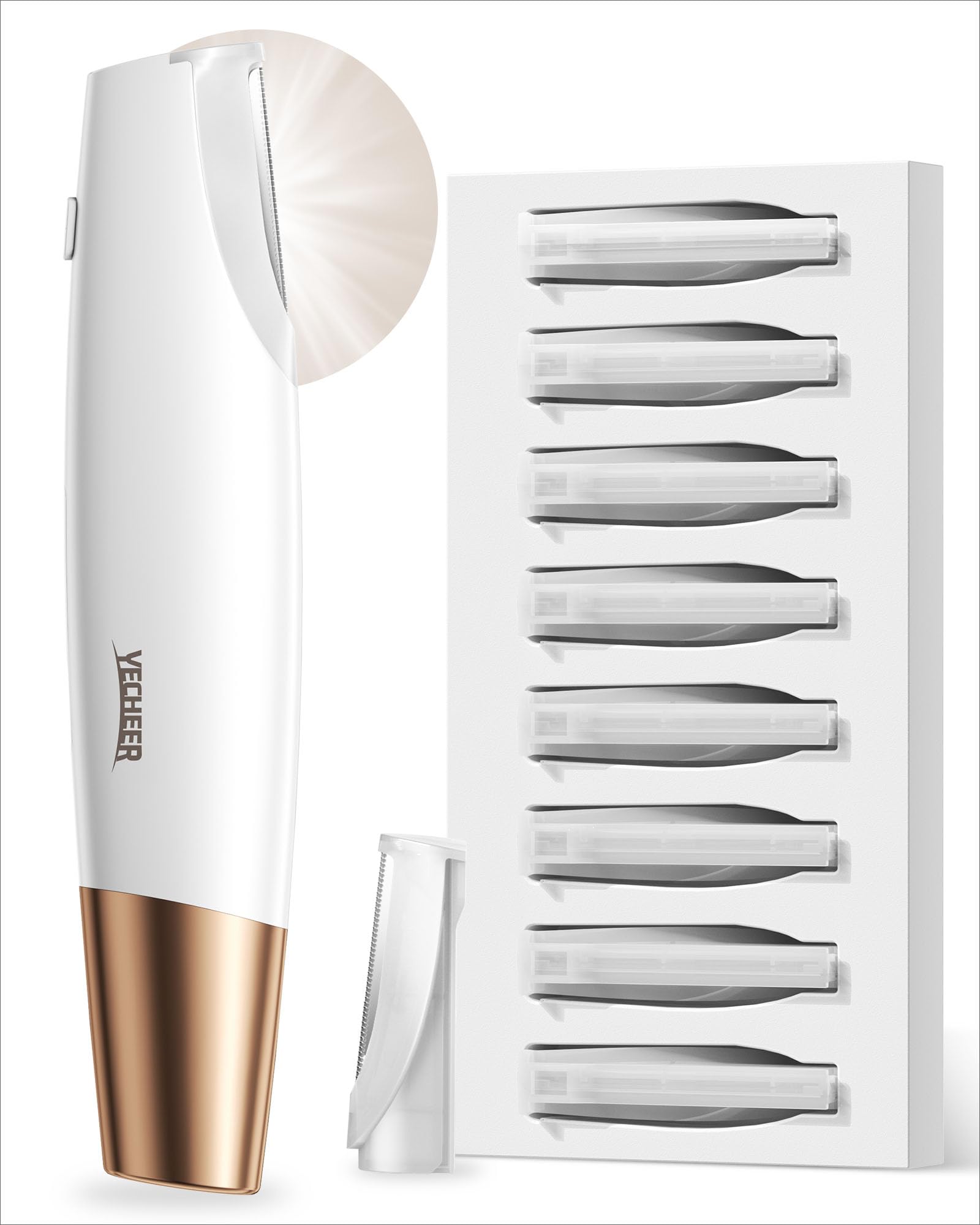 YeCheer Dermaplane razor with LED light for precise removal of fine hairs.