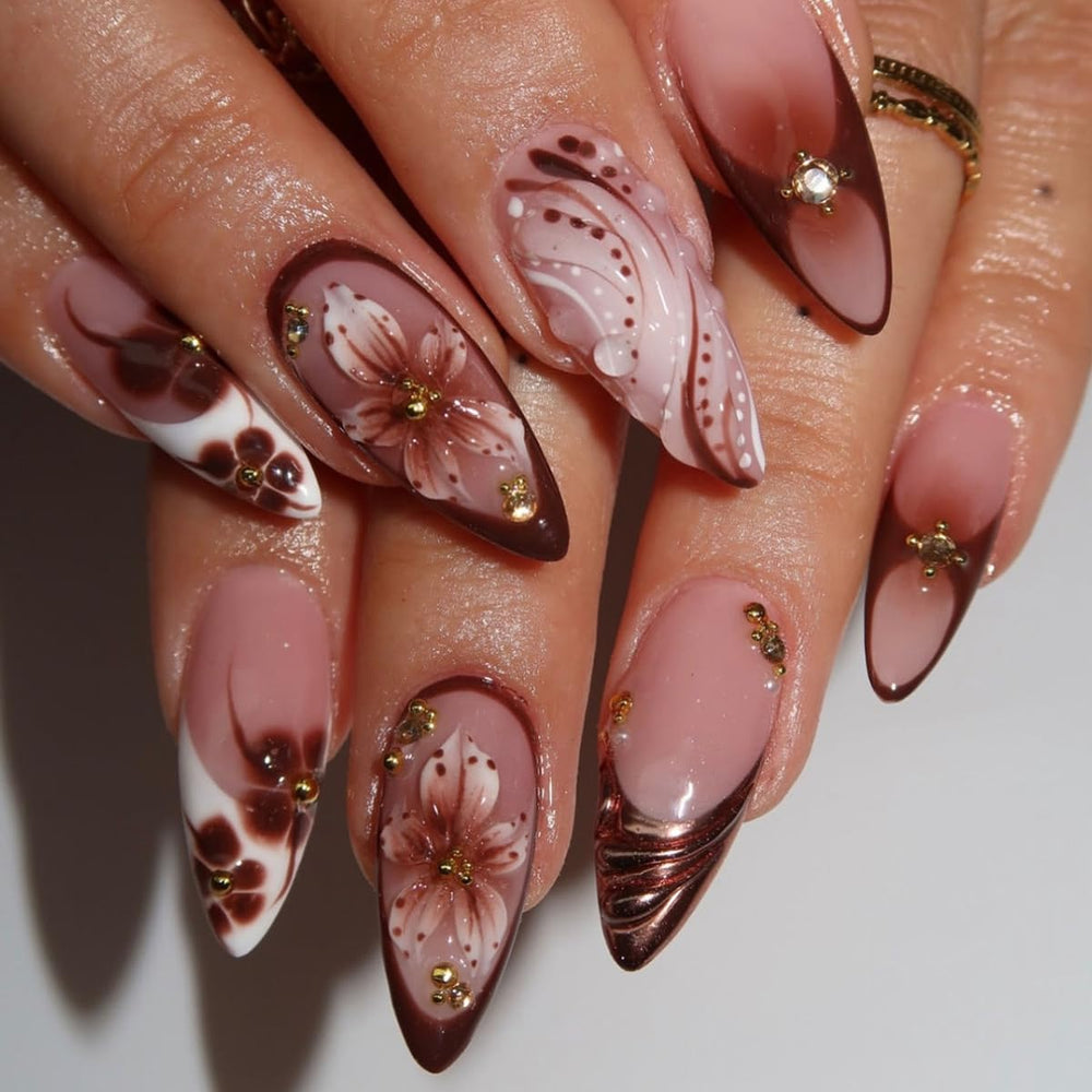 YEFIUO 3D flower bead-embellished press-on nails for an eye-catching manicure
