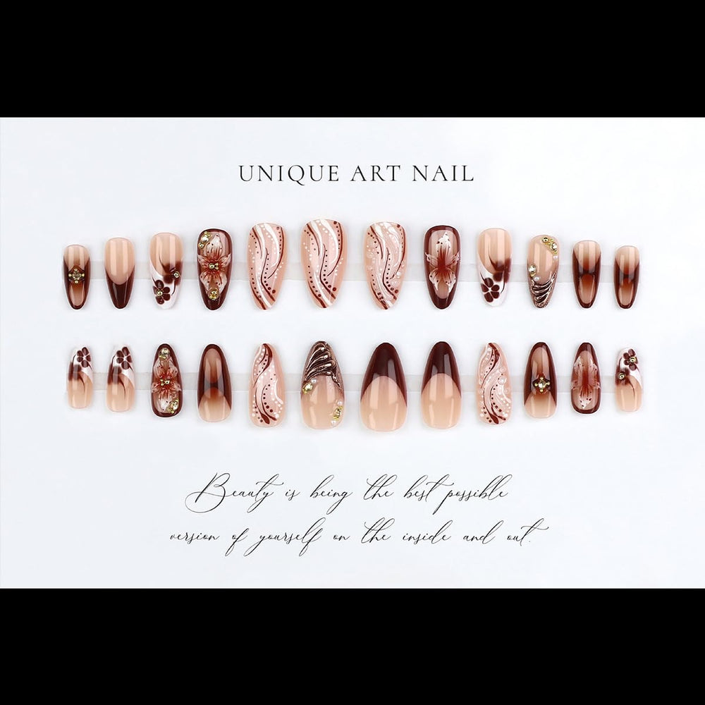 YEFIUO glossy almond press-on nails offering salon-like shine in minutes