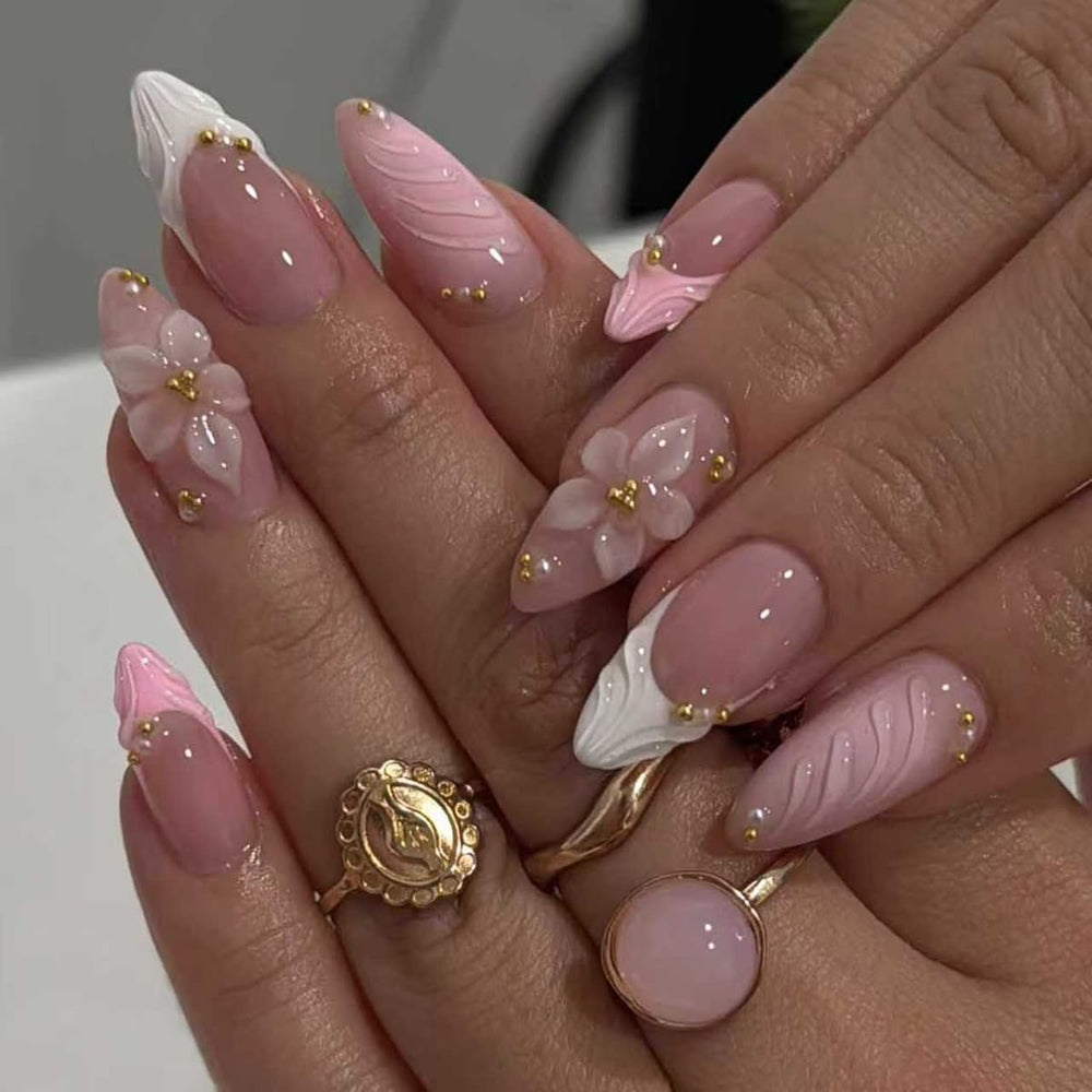 YEFIUO medium almond press-on nails with floral 3D texture for quick salon-like manicures.