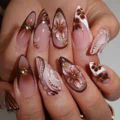 YEFIUO medium almond press-on nails with flower acrylic design in brown glitter