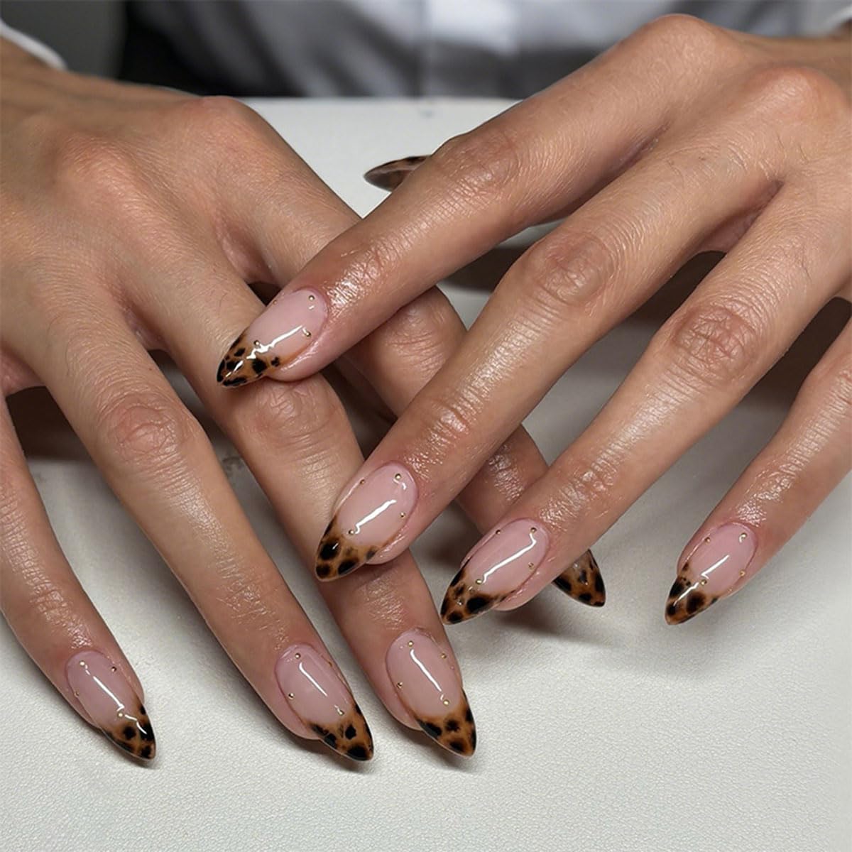 YEFIUO leopard French almond short nails for at home precision manicure