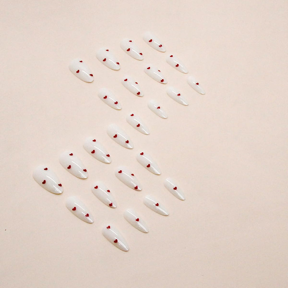 yefiuo Valentine nails with red heart design, glossy finish