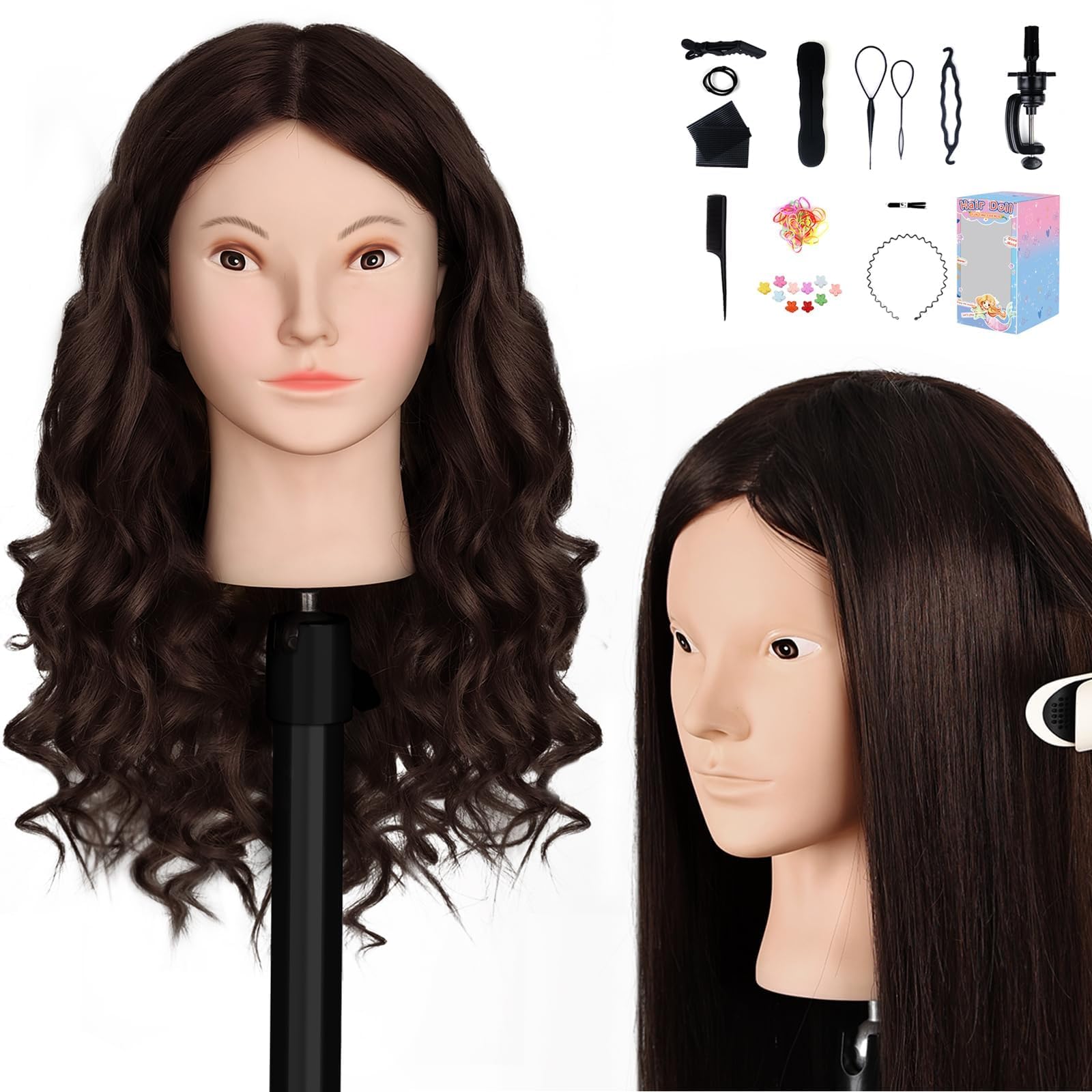 Yekavo mannequin head with 80% real hair for realistic cutting practice.