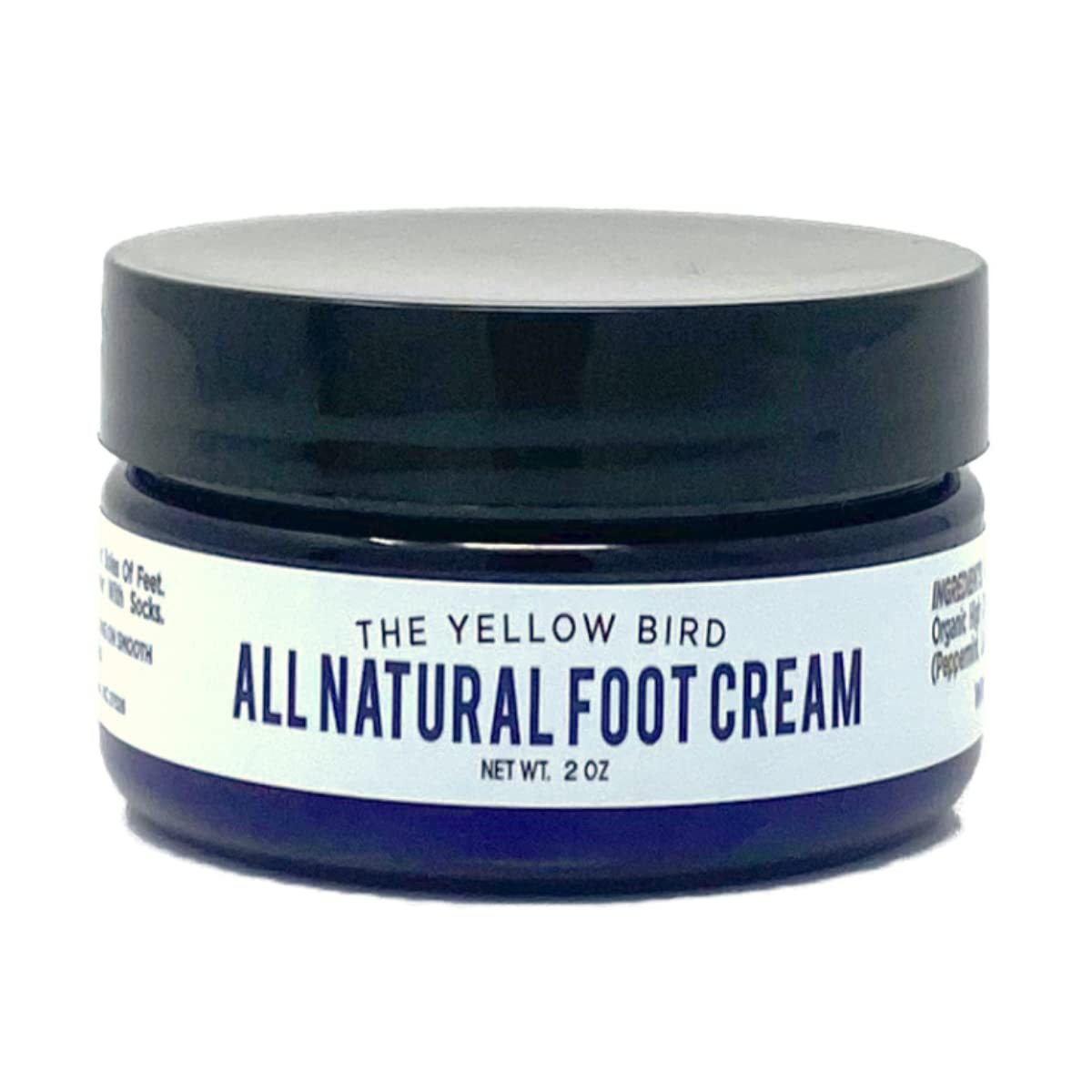 Display of ingredients and label emphasizing paraben free gluten free formula for feet.