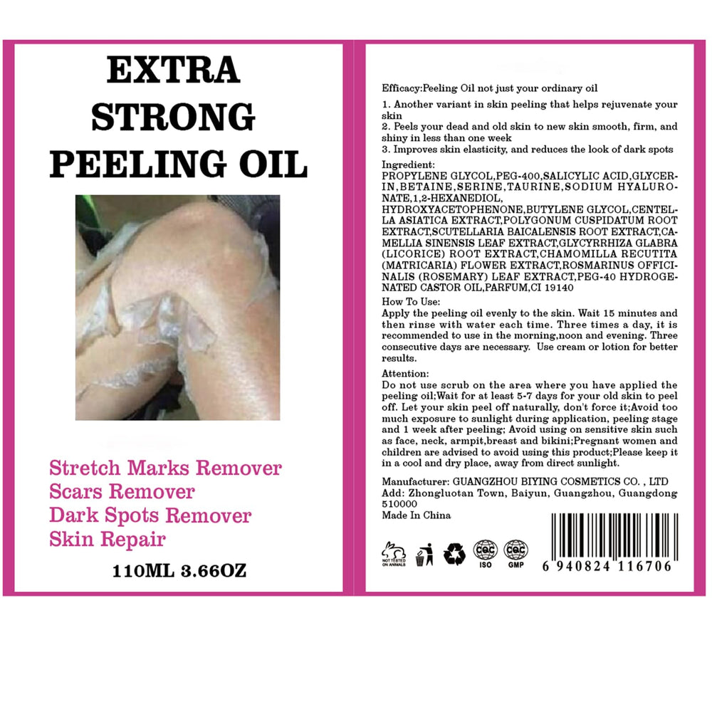 Yellow Peeling Oil bottle on bathroom counter for routine care.