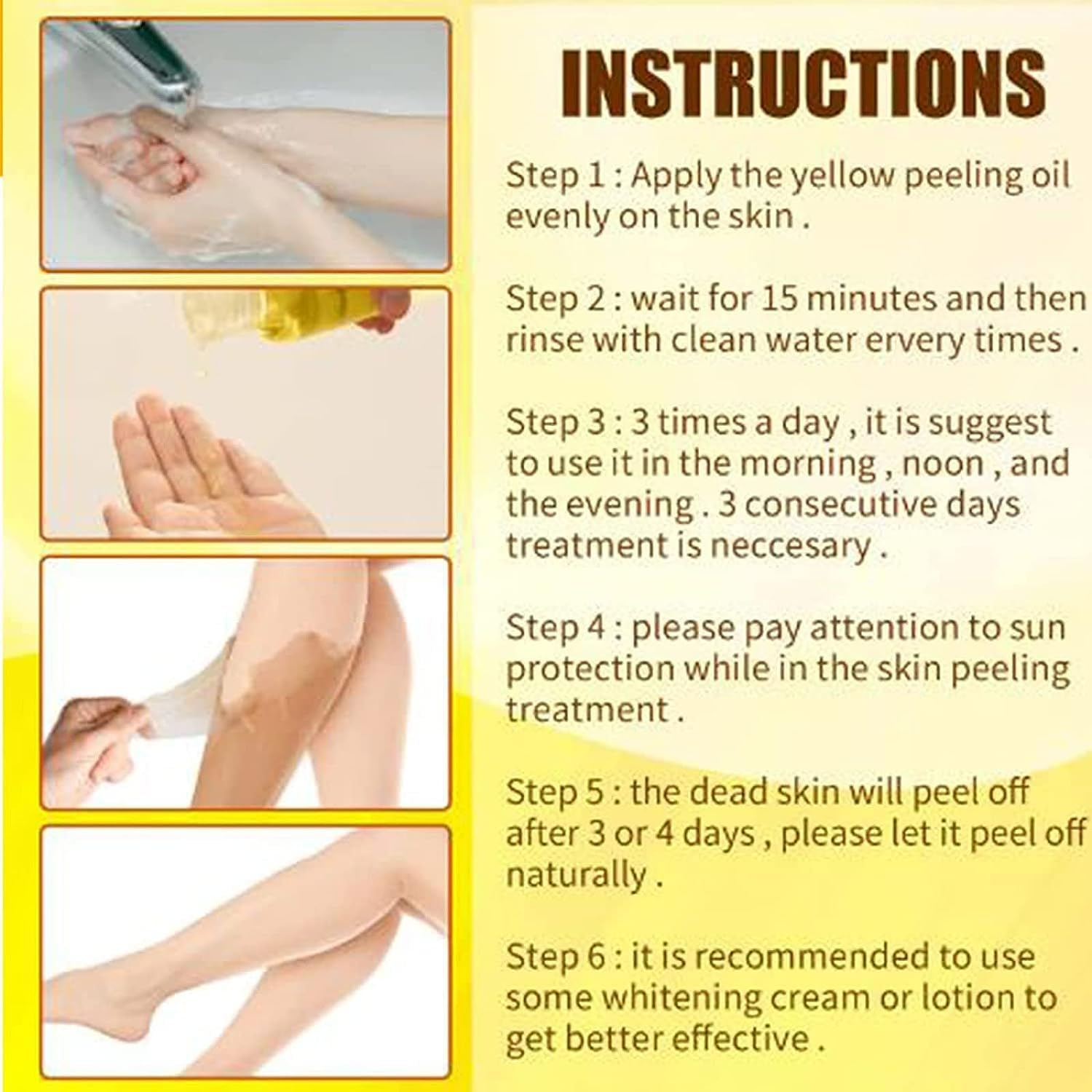Yellow Peeling Oil on dry skin before rinse demonstrates exfoliation.
