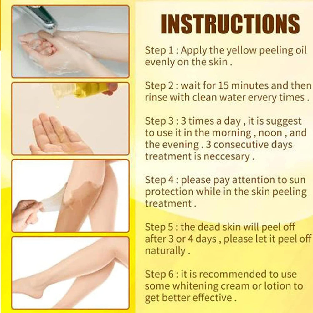 Yellow Peeling Oil on dry skin before rinse demonstrates exfoliation.