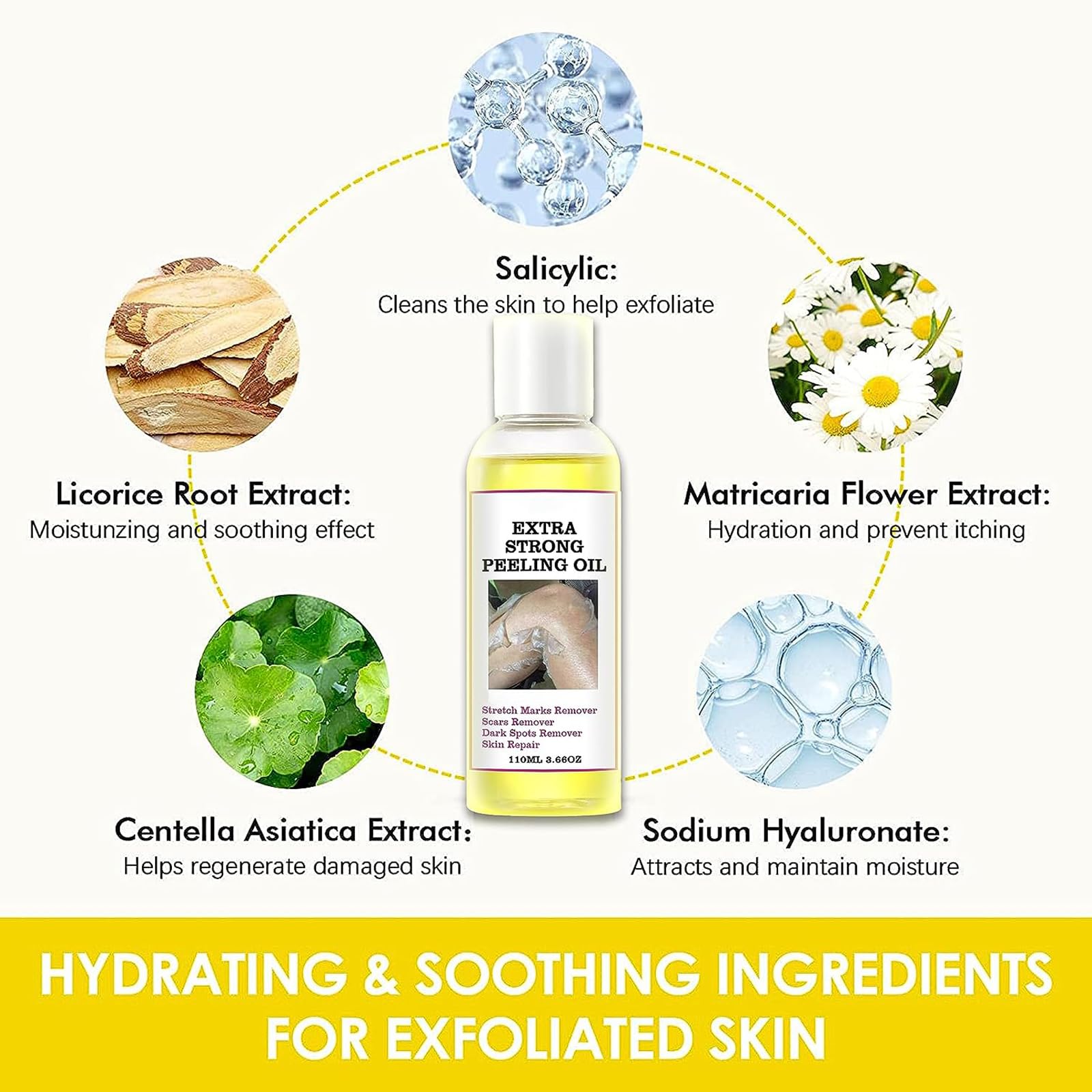 Yellow Peeling Oil close-up on ingredients including hyaluronic acid.