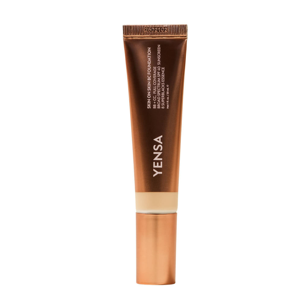 YENSA Skin on Skin BC Foundation bottle front showing sleek design and SPF 40 protection for radiant coverage
