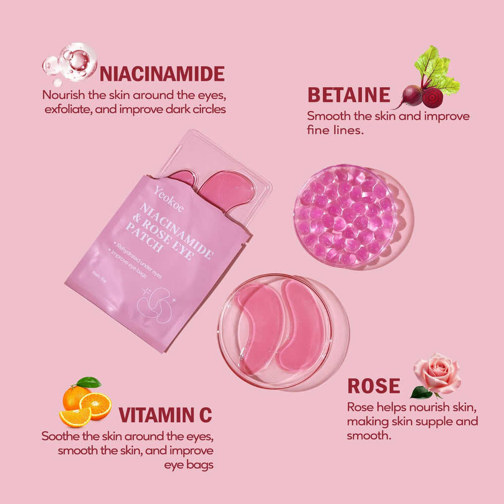 Yeokoe rose-extract eye patches close-up demonstrates soothing touch.