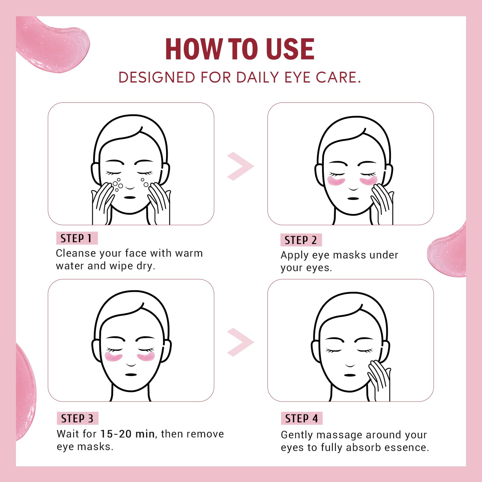 Yeokoe 15–20 minute use eye patches depicted for routine care.