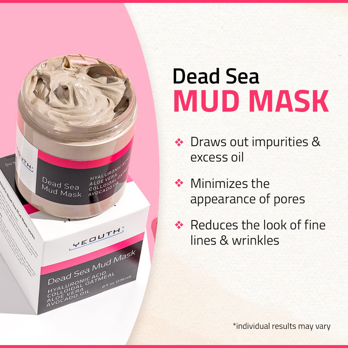 YEOUTH Dead Sea Mud Mask with hyaluronic acid emphasizes hydration and softness